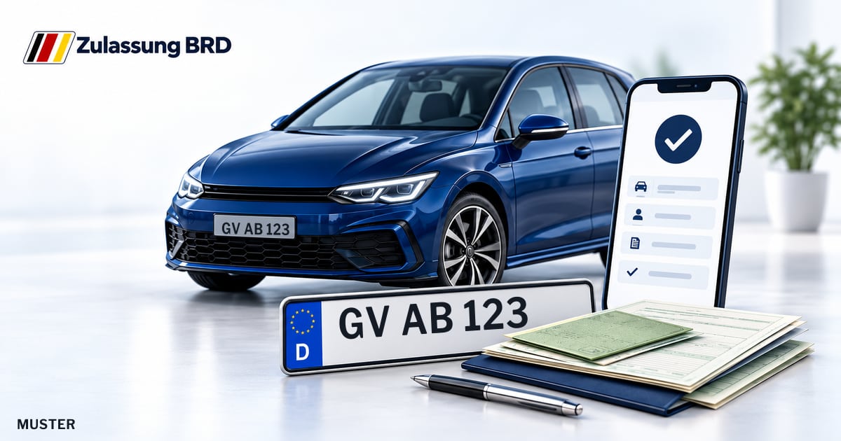 Online Fahrzeugzulassung in Korschenbroich: Musterkennzeichen GV AB 123, Auto und Fahrzeugpapiere und Smartphone. Illustration mit Logo von Zulassung BRD.